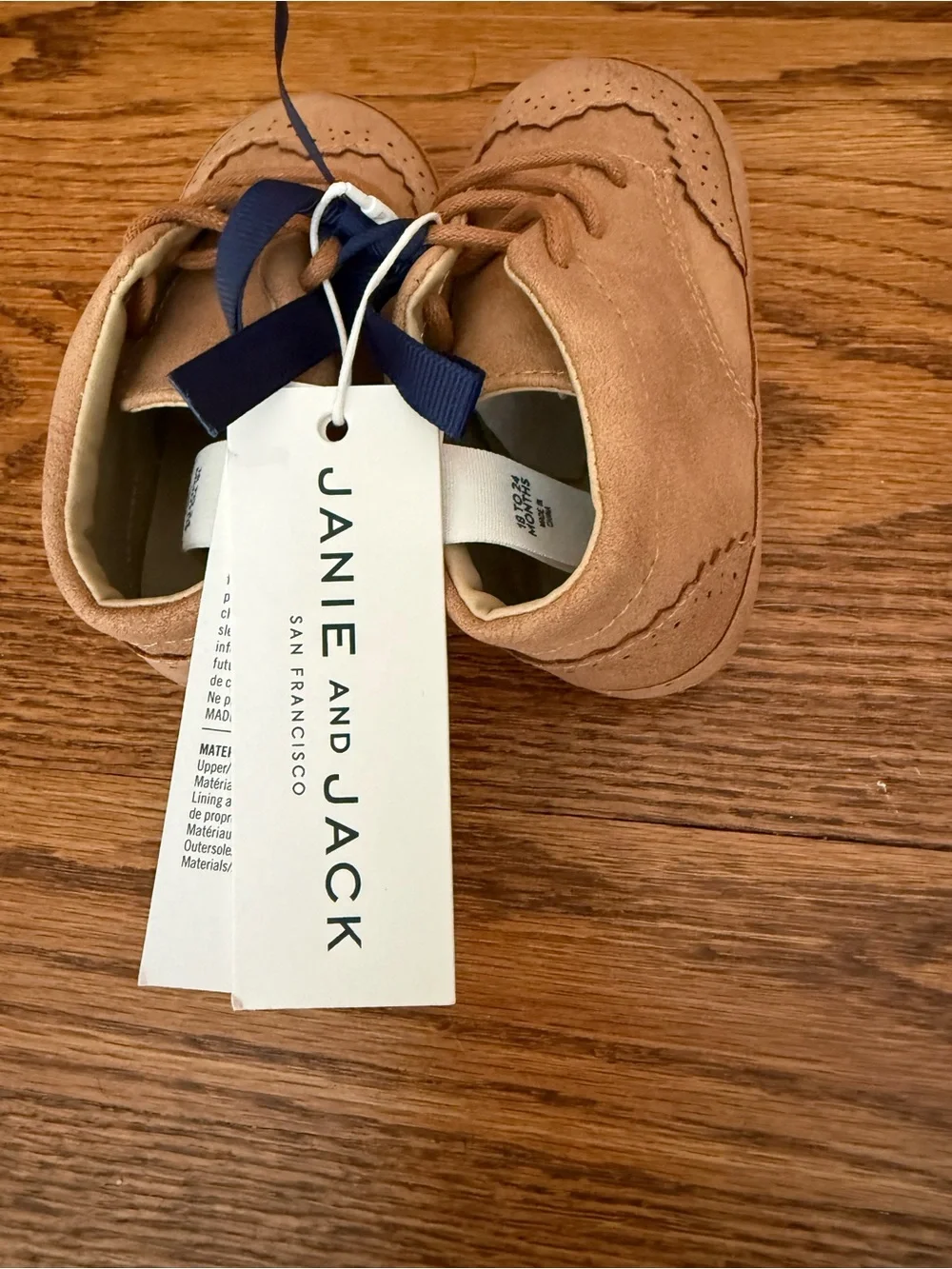Janie and Jack Tan Suede Brogue Walker Shoes with Navy Ribbon